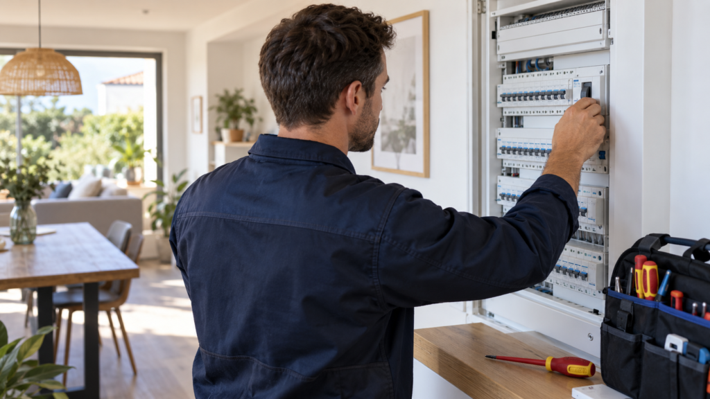 Illustration d’un électricien devant un tableau électrique